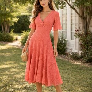 Rabbit Designs Sz 6 Y2K Coral Lace Midi Dress Flutter Sleeve Boho Easter Party